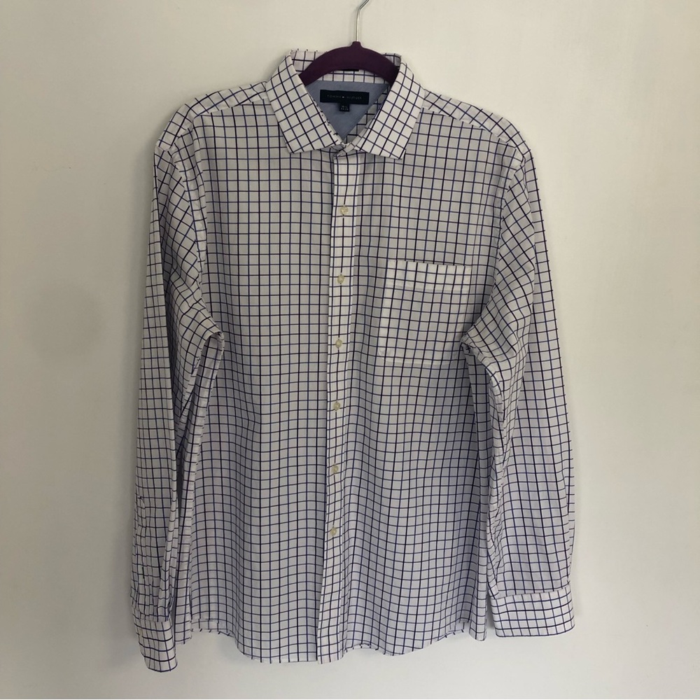 TOMMY HILFIGER Slim Fit Men White/Purple Plaid Long Sleeve Shirt 16-1/2 34-35